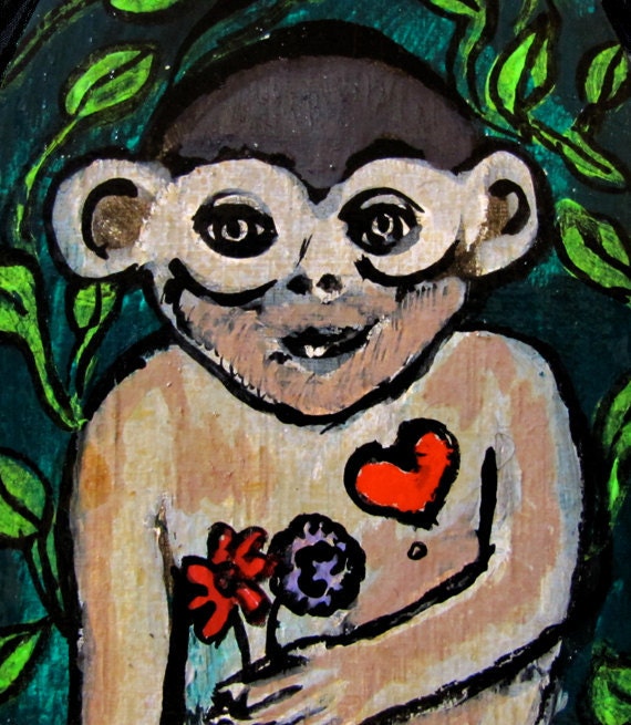 Small Original Painting on Wood Humor Monkey with Heart and Flowers