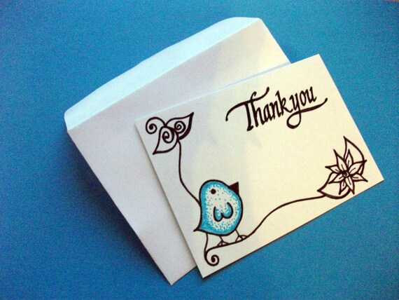 Thank You Tags- Unique Original Drawings- Dotty Birds, set of 6