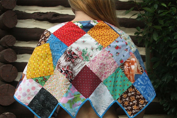 Patchwork Hippie Capelet Poncho in Upcycled Vintage Cotton