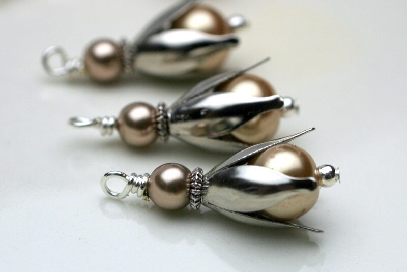 6 Piece Silver Tulip with Golden Pearl Dangle Bead Drop Charm Set