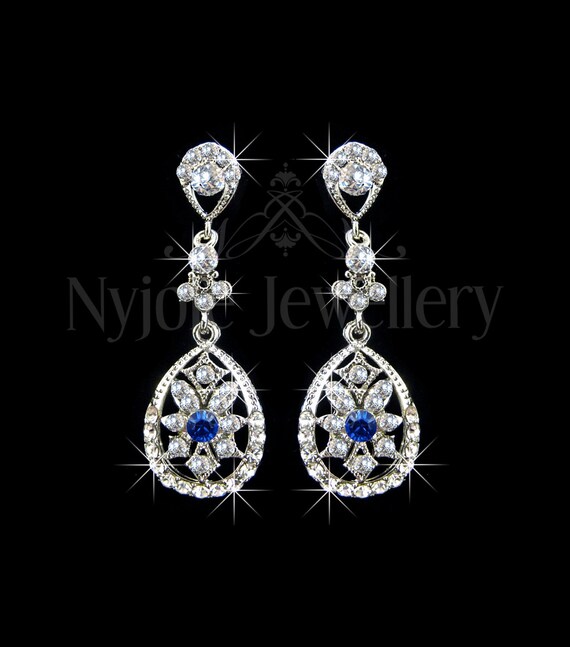 Bridal Earrings - Something Blue - Rhinestone - Teardrop  Dangles - Silver - Wedding Jewelry - Earrings.