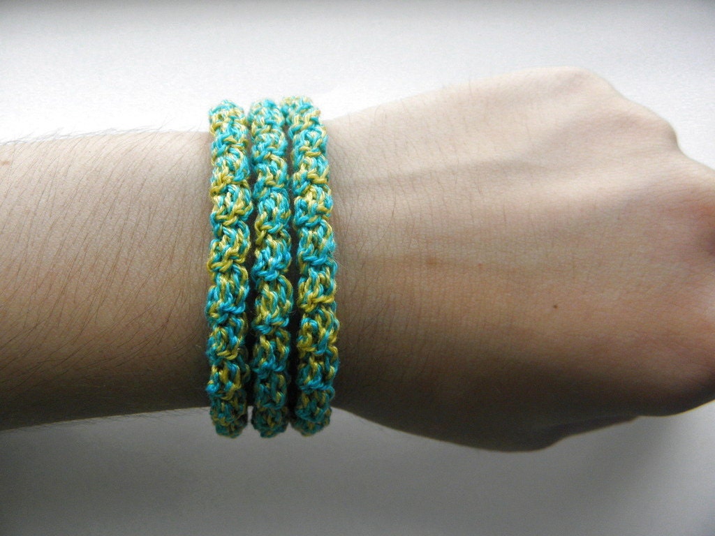 Crochet bracelet made of cotton blue and yellow color