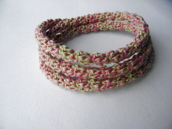Crochet bracelet made of cotton light green and pink color