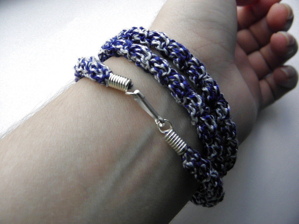 Crochet bracelet made of cotton blue and gray color