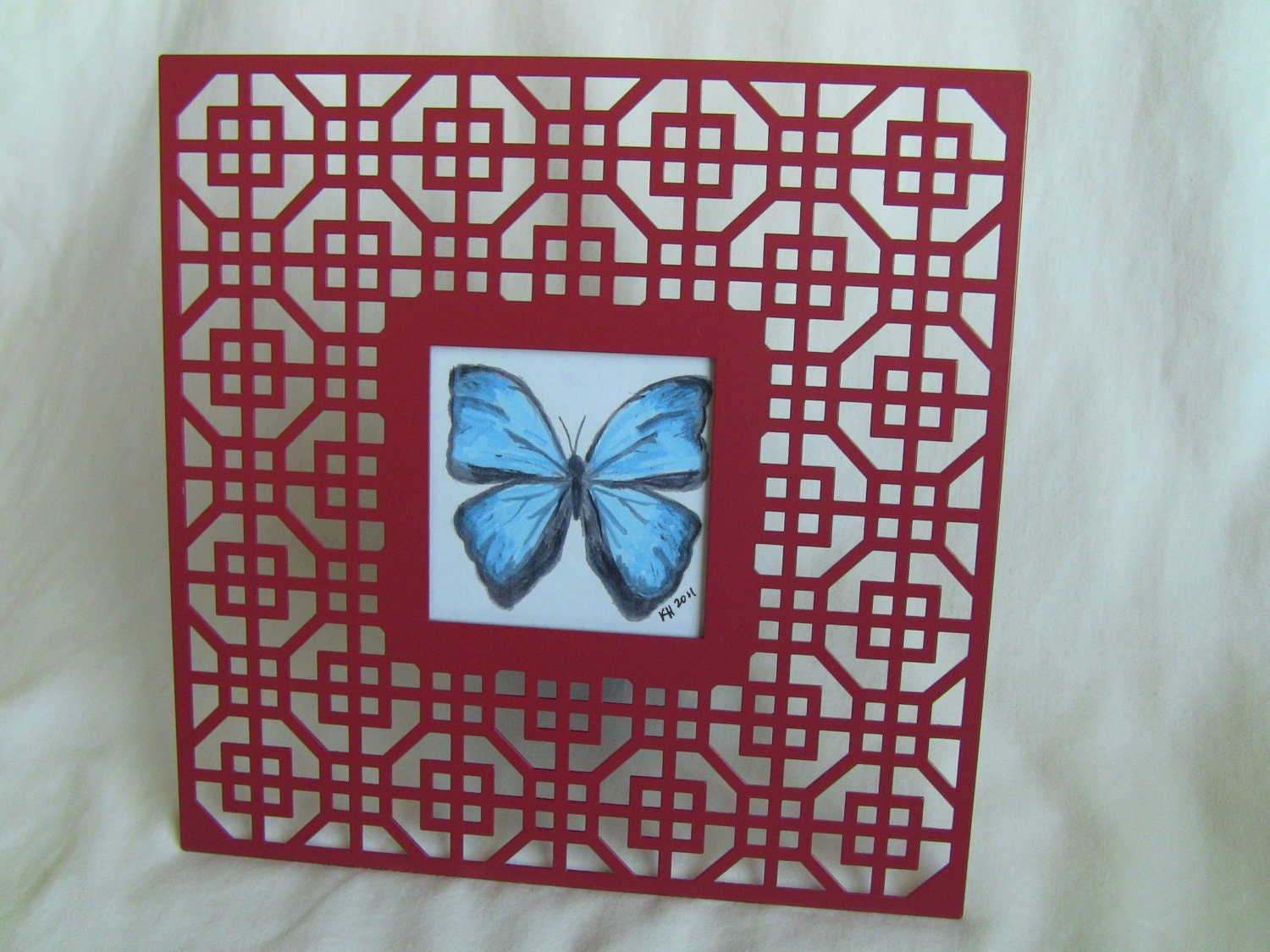 Hand-painted blue butterfly, art deco red frame, butterfly image square  2.5 x 2.5