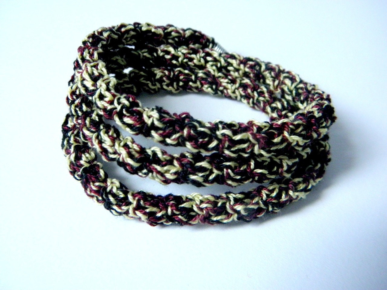 Crochet bracelet made of cotton yellow black and burgundy color