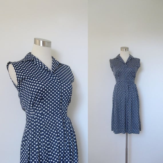 1960s Polka Dotted Dress / Navy Blue and White Polka Dots / Zip Front