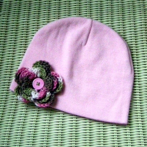 Pink Beanie with Pink Cammo Crocheted Flower Button Center