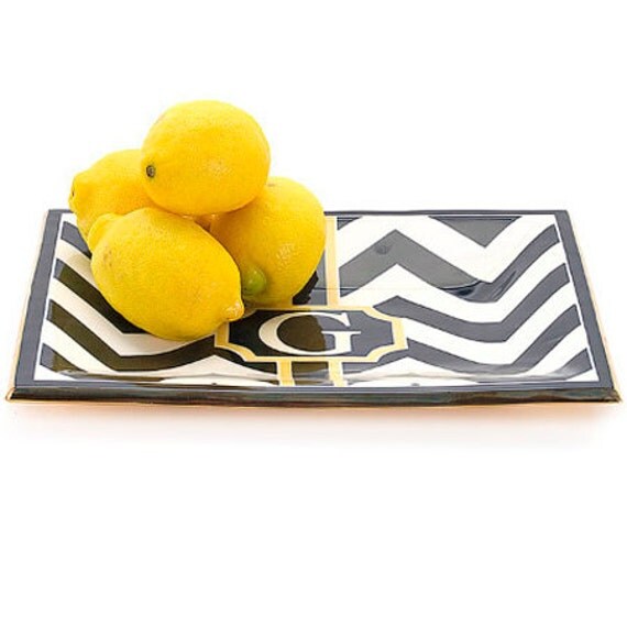 Small Monogram Tray in ChevronPattern Navy/Butter colorway