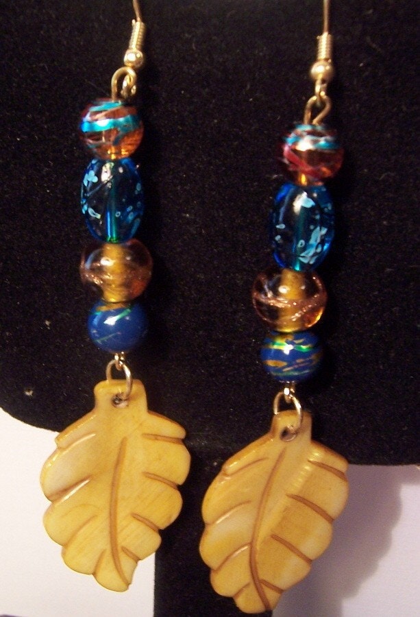 Dangling Leaf's with Blue Beaded Drops of Jewels Earrings DAWG TEAM 
