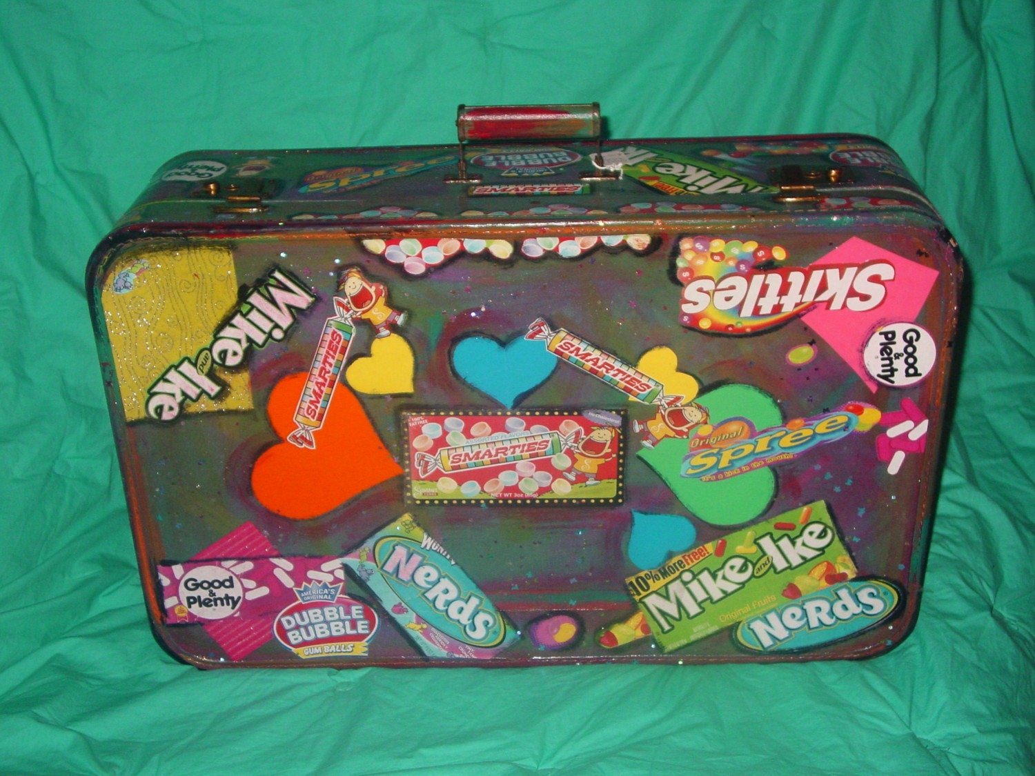 Recyled  large vintage  1940's suitcase withcolorful candy wrappers and handmade papers