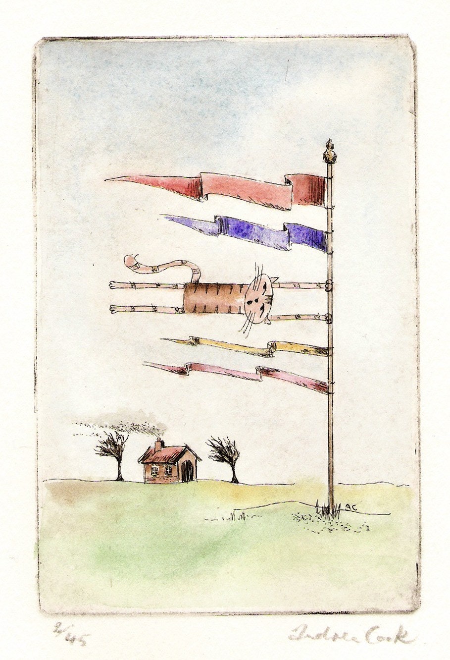 original cat etching and watercolor - it's a bit windy