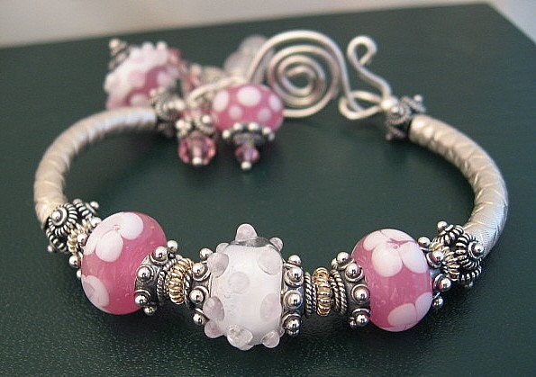 MY SWEET EMMA . . . sterling silver bangle bracelet w/handmade lampwork beads .... just reduced to 69.00
