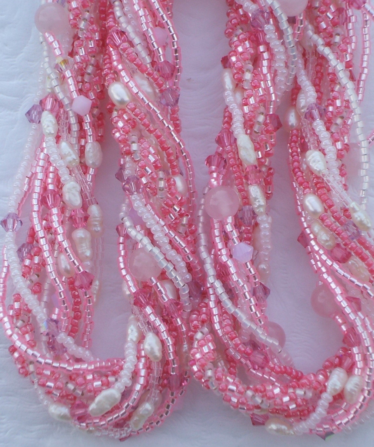 Betsy's Pink Silk Necklace with Swarovski Crystals, Pearls and a Spiral Rope