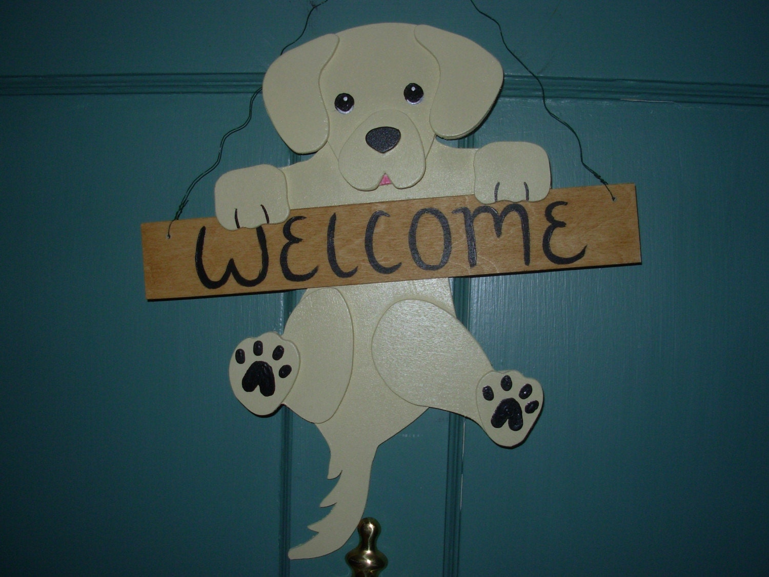 Yellow Lab Labrador Dog Handmade Hanging Wood Welcome Sign Plaque