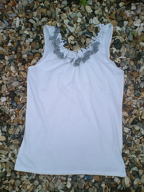 Restyled White and Gray Ruffled Vest Top