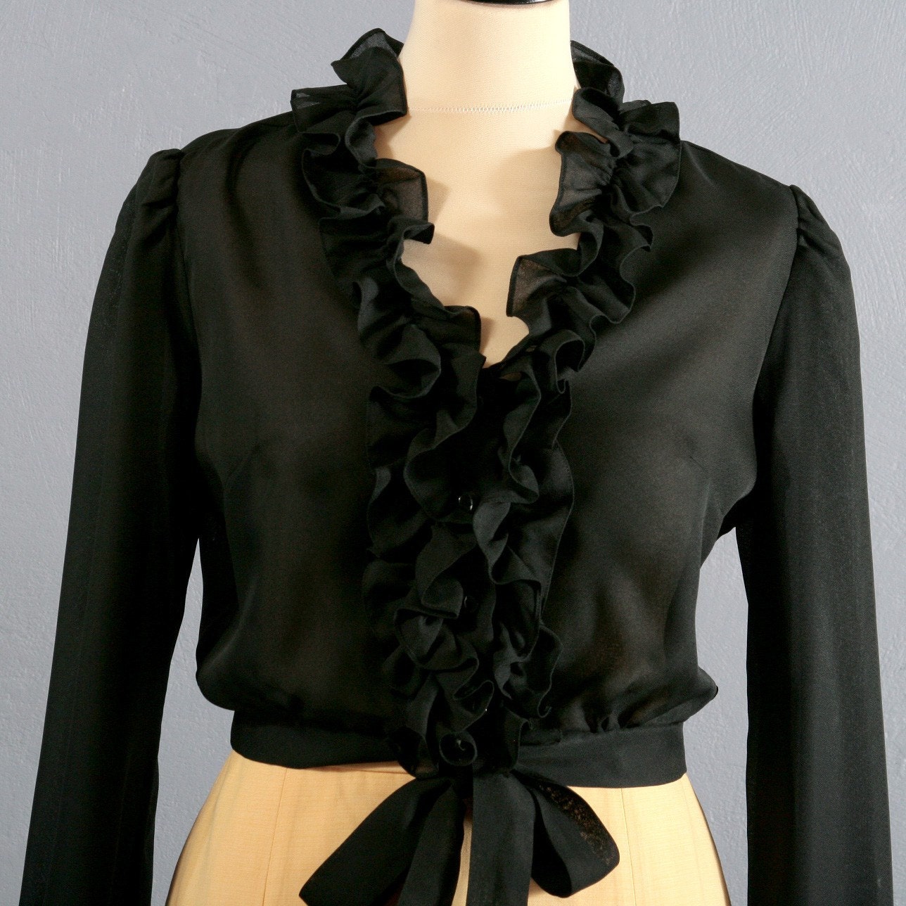 Vintage sheer BLACK RUFFLED flamenco blouse, size Medium, M