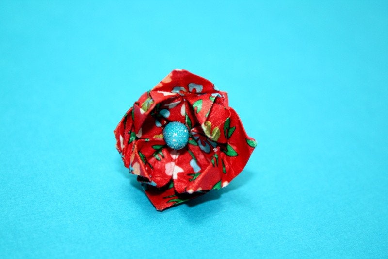 Lotus Origami Ring - Red Flower Print Blue Glitter Clay Yellow Green