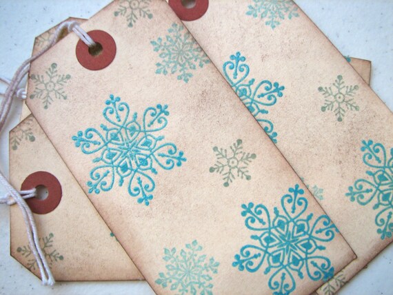 Aqua turquoise and green sparkling snowflake holiday gift tags