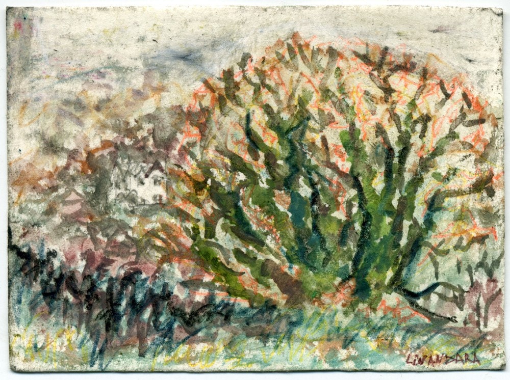 An Oak on Trehafren Hill. Original ACEO Miniature Card from Newtown, Powys Wales