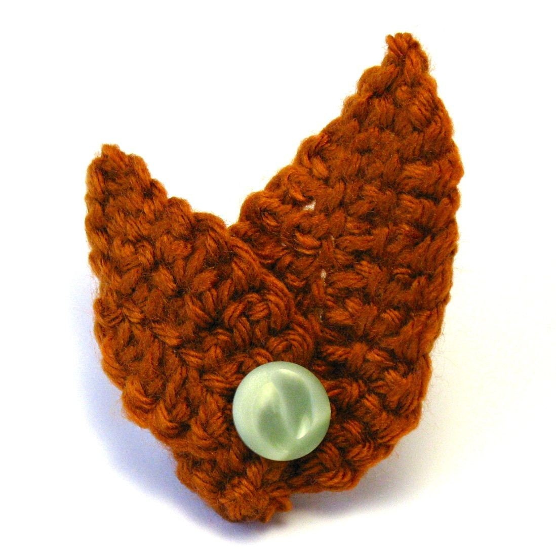 Crocheted Cozy Leaf Pin, Pumpkin with Vintage Green Button