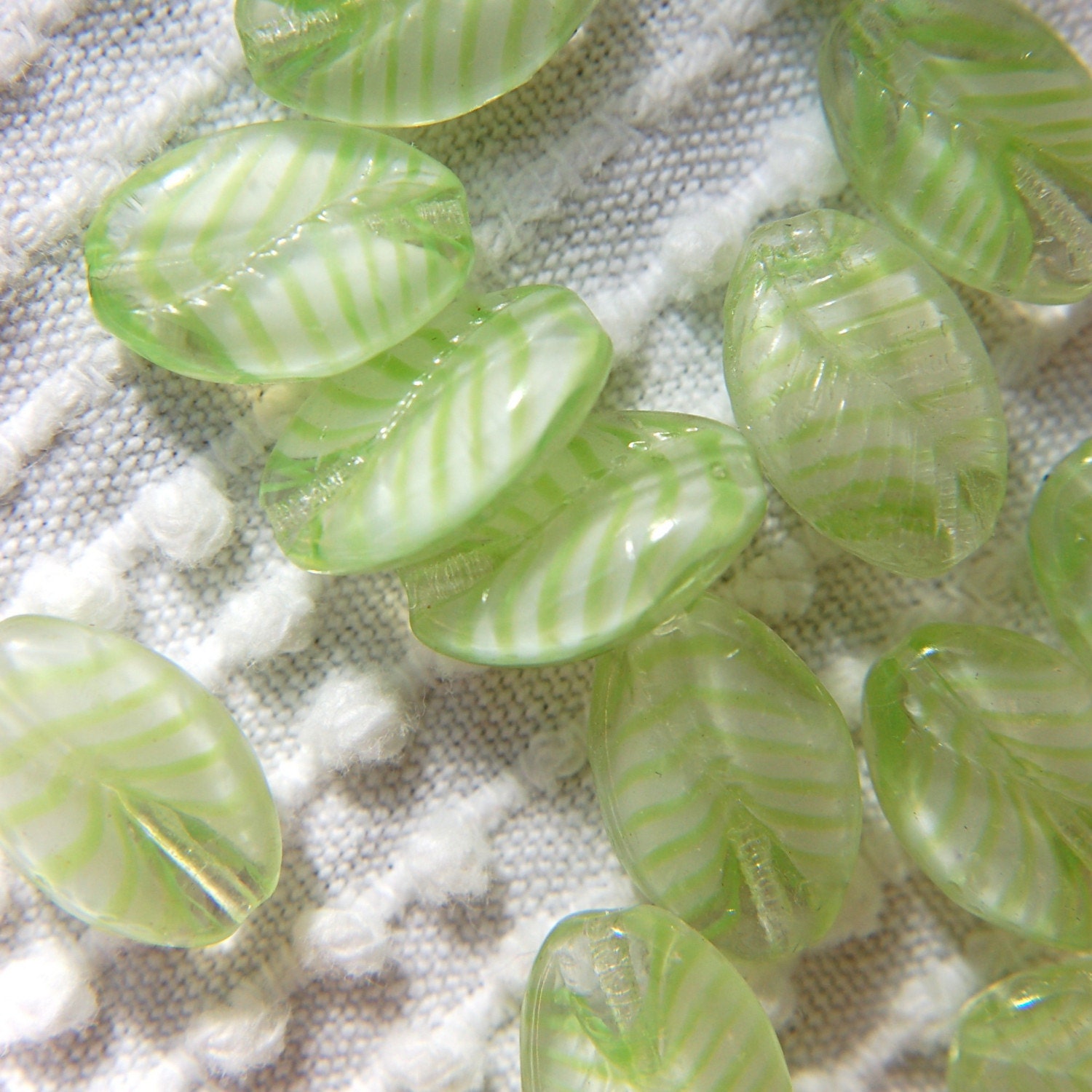 Vintage WG Givre Glass Leaf Beads in Pale Green and White - 17 PCs.