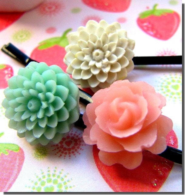 Pastel colour Flowers Hair Pins - by Eliseshop - UK seller