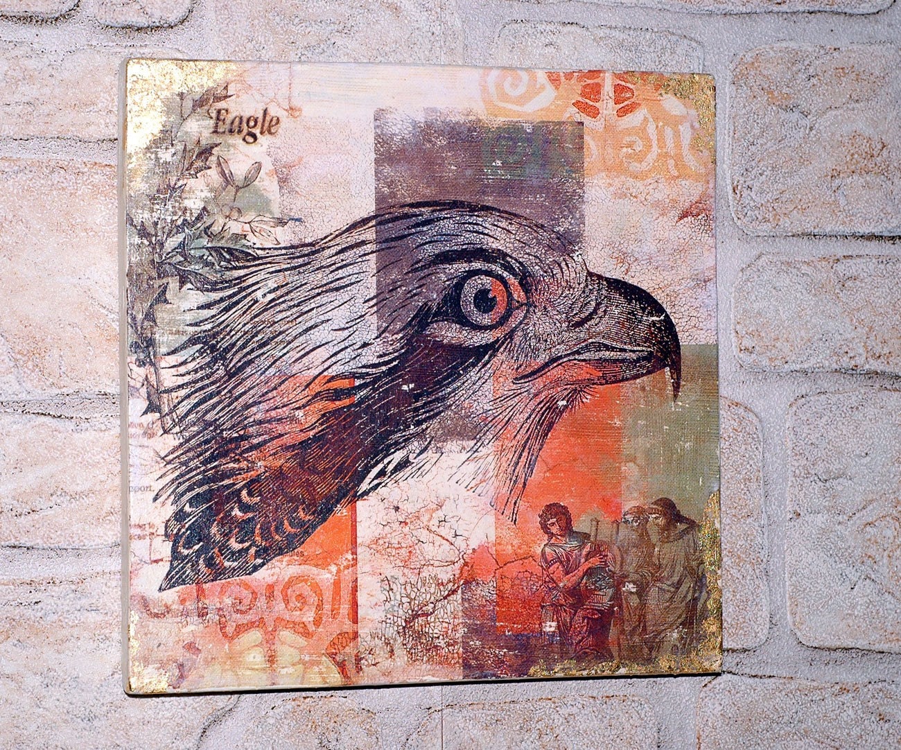 EAGLE EYE - MIXED MEDIA ART ON WOOD PANEL - SIZE 10 INCHES X 10 INCHES - recycled  wood panel - PAINTING ,ACRYLICS,GOLD LEAFING AND silkscreen - One of a Kind Art