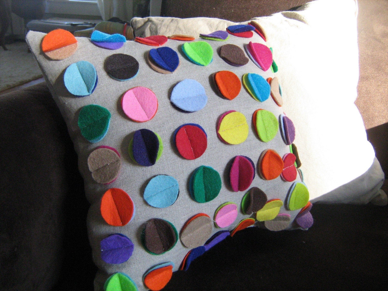 Rainbow Disc Pillow on Oatmeal Linen