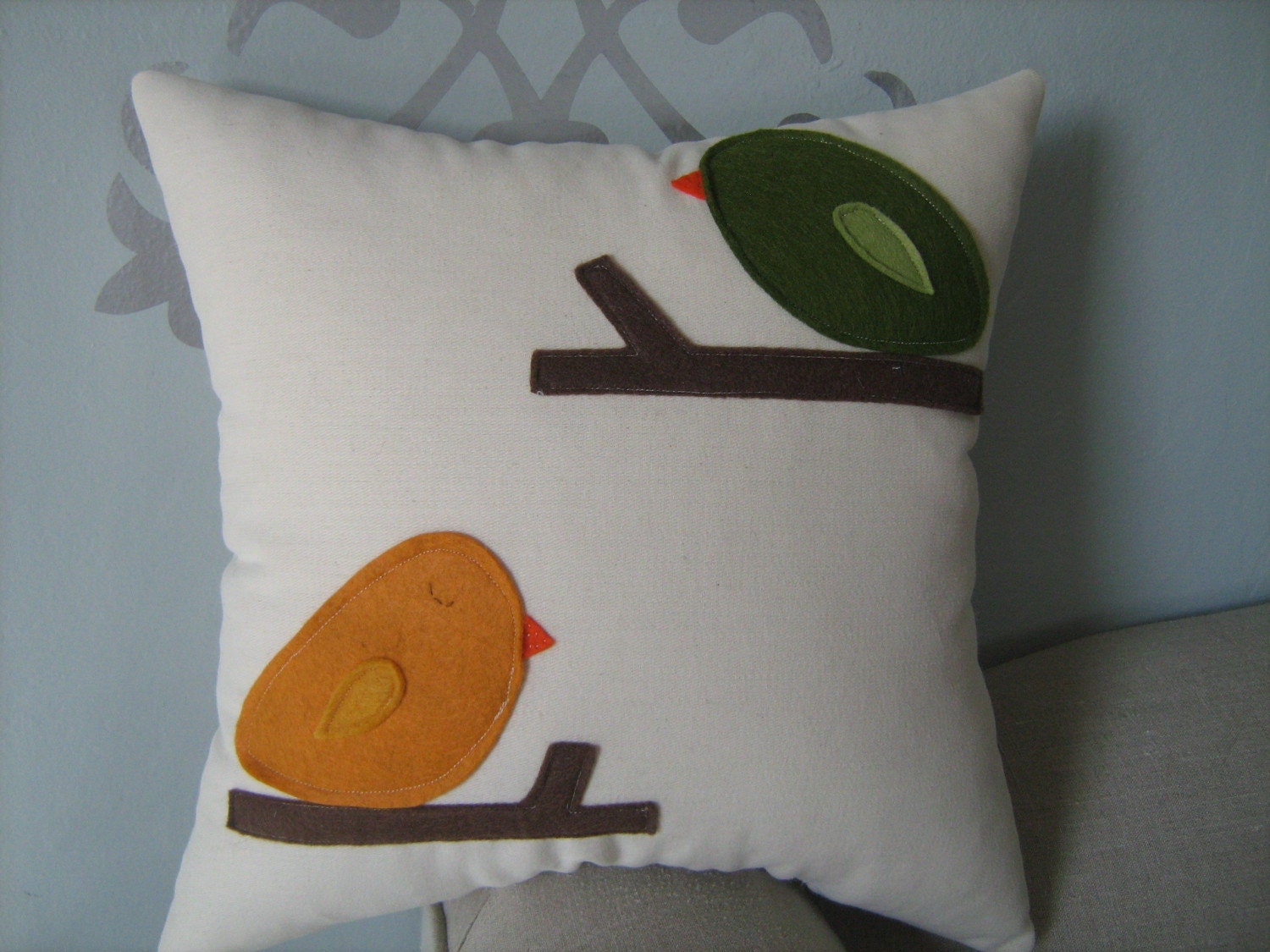 Hello Up There Bird Pillow in Moss Green and Burnt Orange