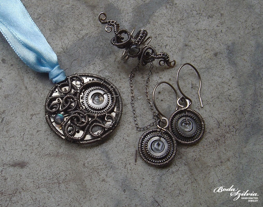 Steam
                                    nouveau moon wire wrapped steampunk pendant earrings and ear cuff set