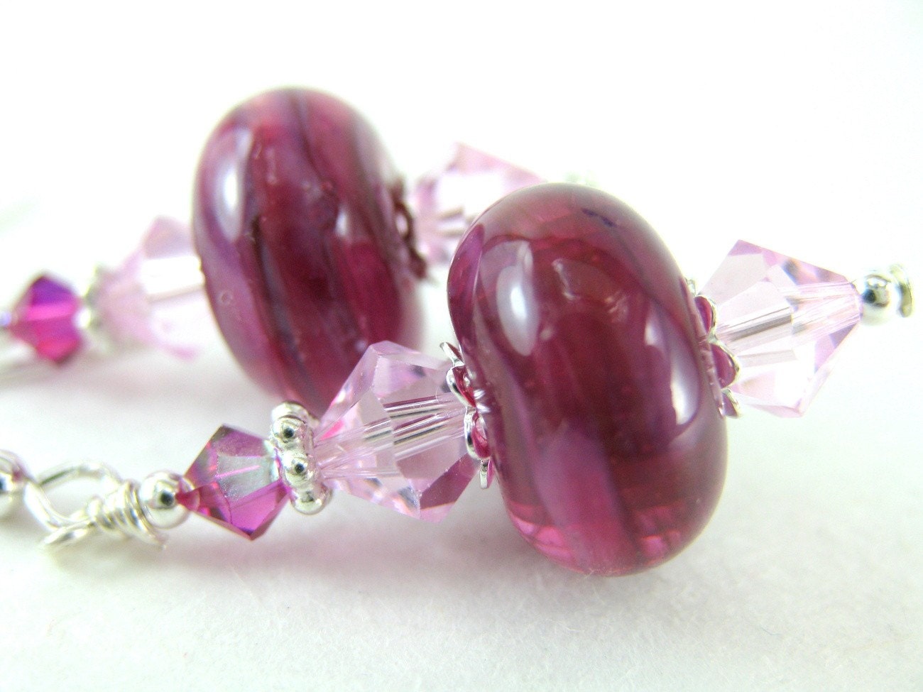 Earrings Boro Lampwork Crystal Pink Purple Artisan Crafted - Raspberry Sorbet