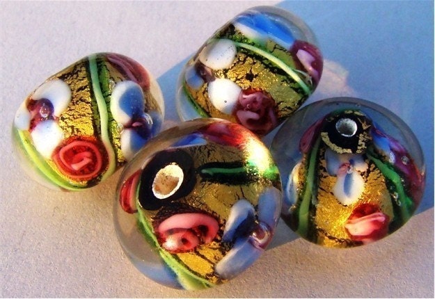 LAMPWORK ROUND RONDELLE 24K GOLD FOIL FLOWER GLASS LOOSE BEADS PINK RED PURPLE GREEN LOT   smp 737