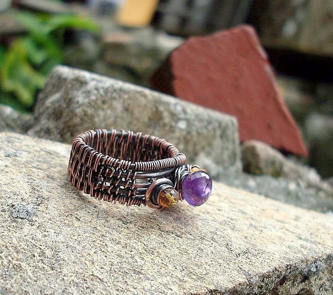 Amethyst Woven Ring in Copper with Citrine