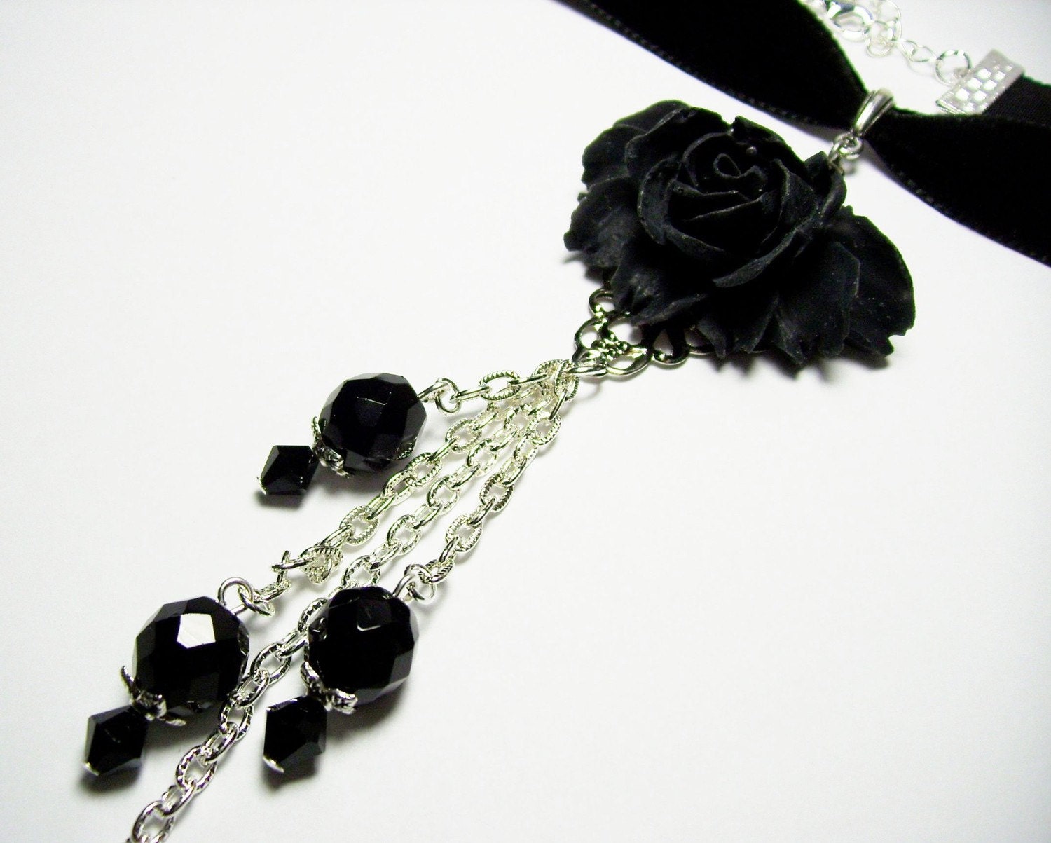 Beauty in the Graveyard -Black Rose Antique Silver Cross Jet Black Swarovski Crystal Beads Czech Glass Black Velvet Gothic Lolita Long Choker Necklace Pendant --LOOK--