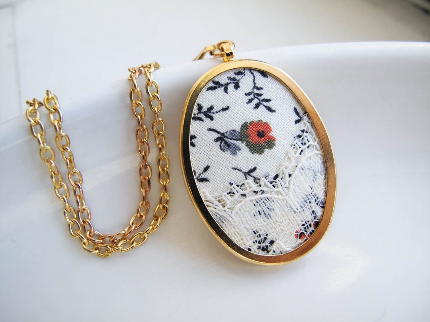 Vines and Lace Necklace in Vintage Fabric and Gold - READY TO SHIP