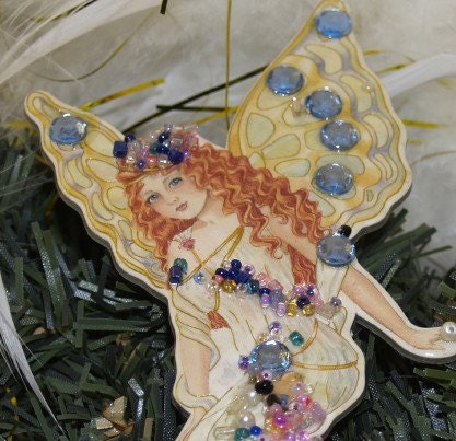 Mermaid With Fairy Wings Blue Crystals Glass Beads Pin