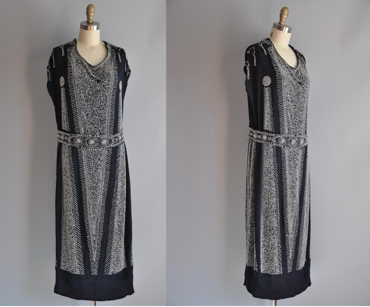 vintage 1920s antique heavily beaded SLIVER  BELLS art deco flapper dress