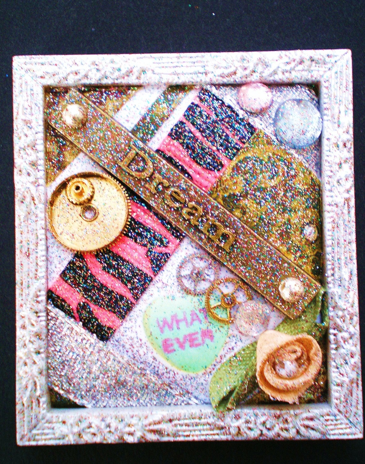 INSPIRATION - Tiny Collage Mixed Media OOAK Framed Signed Sarcastic Inspirational Message with Jewels Flower Heart Ribbon Watch Parts Beads