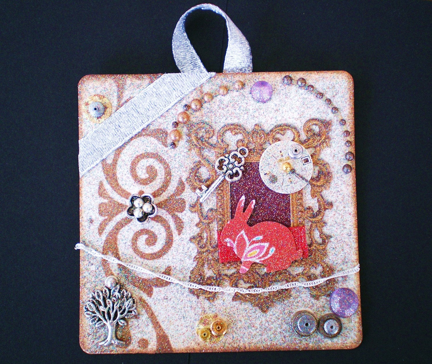 WONDERLAND Collage Mixed Media OOAK Signed on Upcycled/Recycled Cardboard Coaster with Beads Charms Rhinestone Paper Ribbon Watch Parts Silver Chain