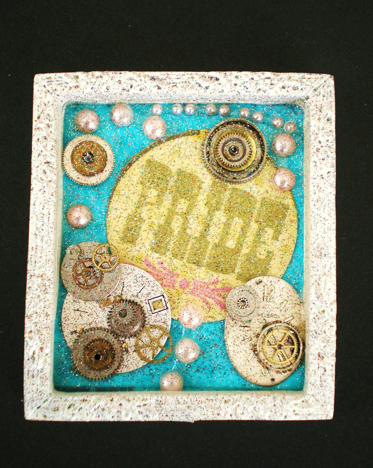 It's About Time..Pride  - Tiny Collage Mixed Media OOAK Framed Signed with Beads Paper Watch Parts