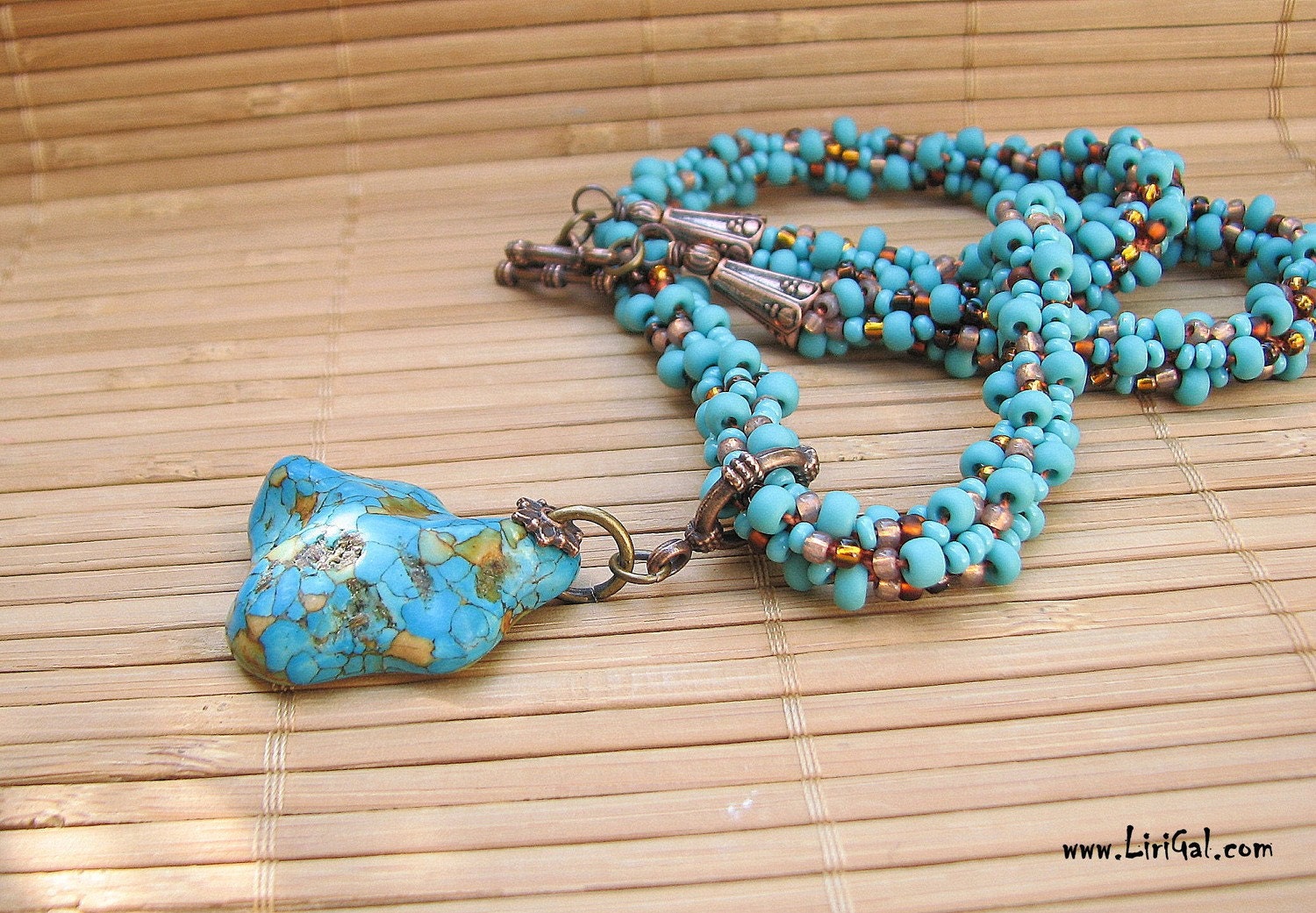 Turquoise  Pendant. Beaded Crocheted Necklace