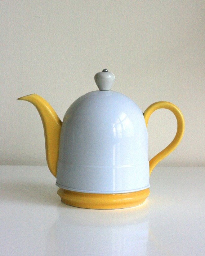 Vintage Yellow Teapot with White Metal Cozy