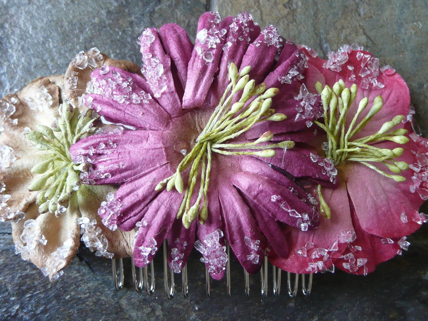 Abbie- Arrangement of Delicate Sparkly Paper Flowers on Hair Comb - Free Worldwide Shipping