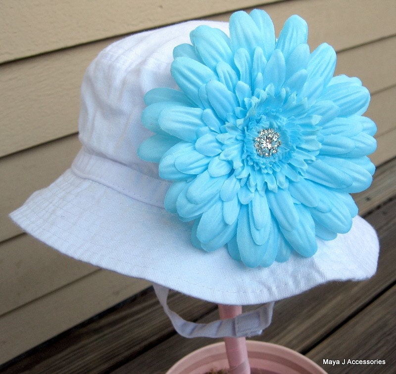 Pre-Season Sale-Daisy Baby-Maya J Infant Sun Hat in White with Sky Blue Rhinestone Daisy