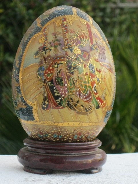 Vintage Satsuma Hand-painted Gold Guilded Porcelain Egg - Made in China- Numbered and Signed