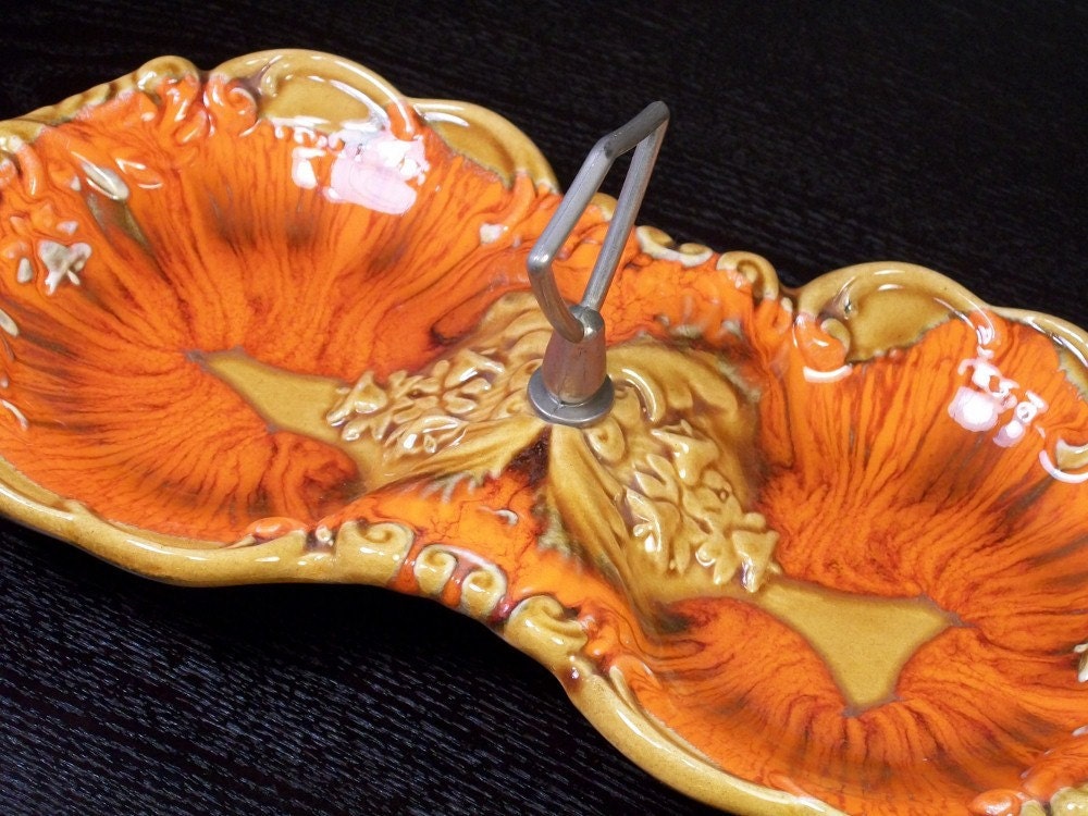 Vintage Ceramic Candy Nut Serving Dish with Handle Orange Gold Brown Florentine DeForest Made in California