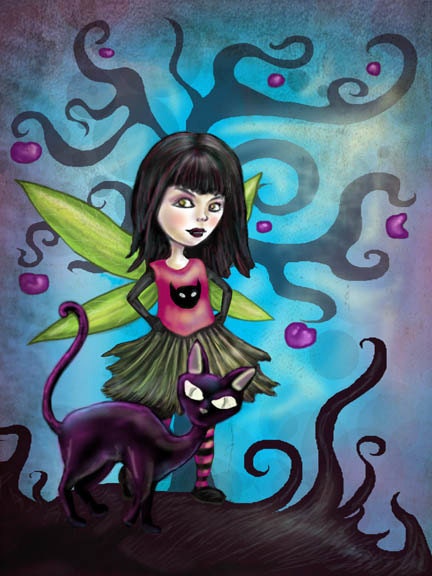 Fairy Girl Loves Cats Fantasy Art Print