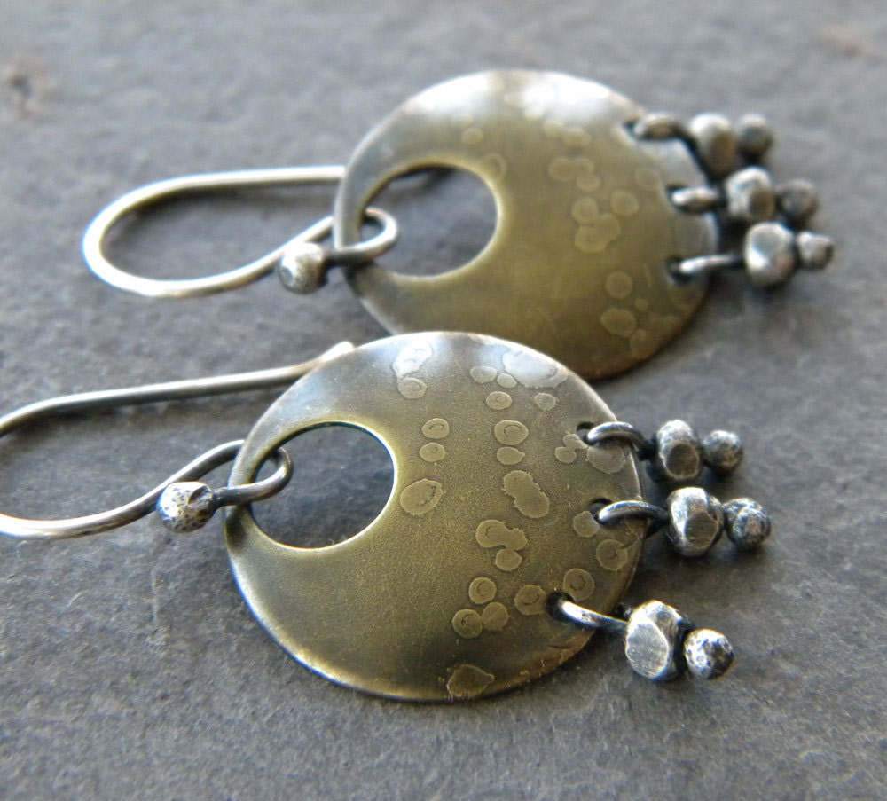 earrings. brass discs, sterling silver nuggets, etched dot pattern, oxidized