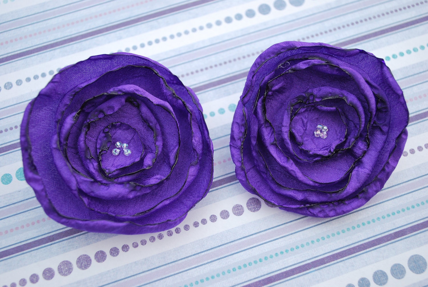 2 Purple Fabric Flower Accessory Clips for Shoes, Purses, Clothes and More